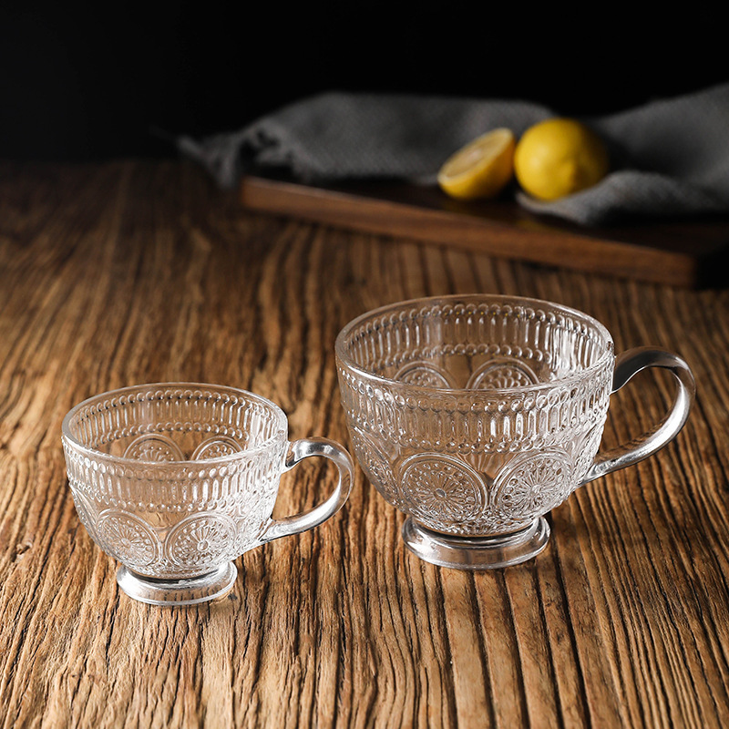 Hogar nórdico retro relieve flor del sol taza de café leche desayuno taza de vidrio gran capacidad con mango taza de té