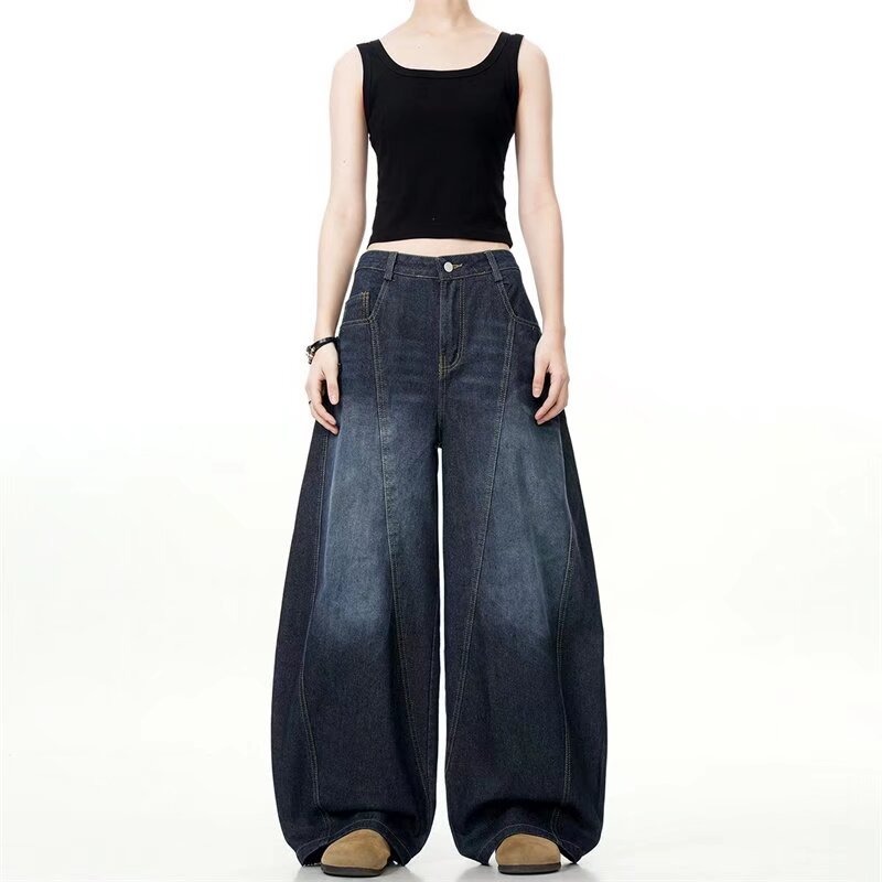 Azul oscuro lavado con agua jeans de piernas anchas europeas y americanas hiphop pantalones de calles fritas de alta calidad pantalones de macheta rectos sueltos para hombres