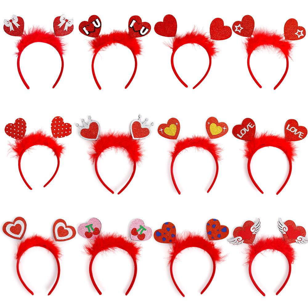 Nuevo estilo transfronterizo Día de San Valentín Diadema Hebilla Arreglo de ambiente romántico Decoración de fiesta de boda Diadema de amor de plumas