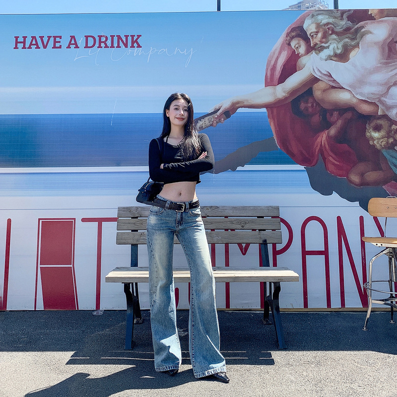 American-Style Low-Rise Straight-Leg Jeans for Women, 2025 Autumn New Heavy-Duty Washed Blue Flared Floor-Length Pants