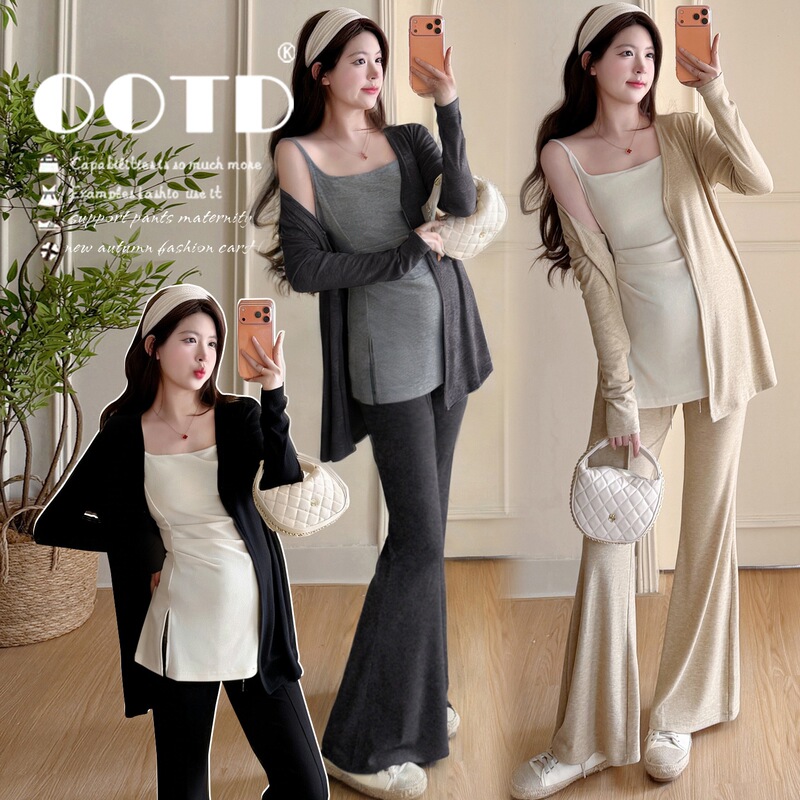 Maternity outfit, new autumn fashion, casual style long-sleeve cardigan paired with suspender pants with pig nose buckle and slight flare, 2026 women's collection Maternity outfit, new autumn fashion, casual style long-sleeve cardigan paired with suspender pants with pig nose buckle and slight flare, 2026 women's collection