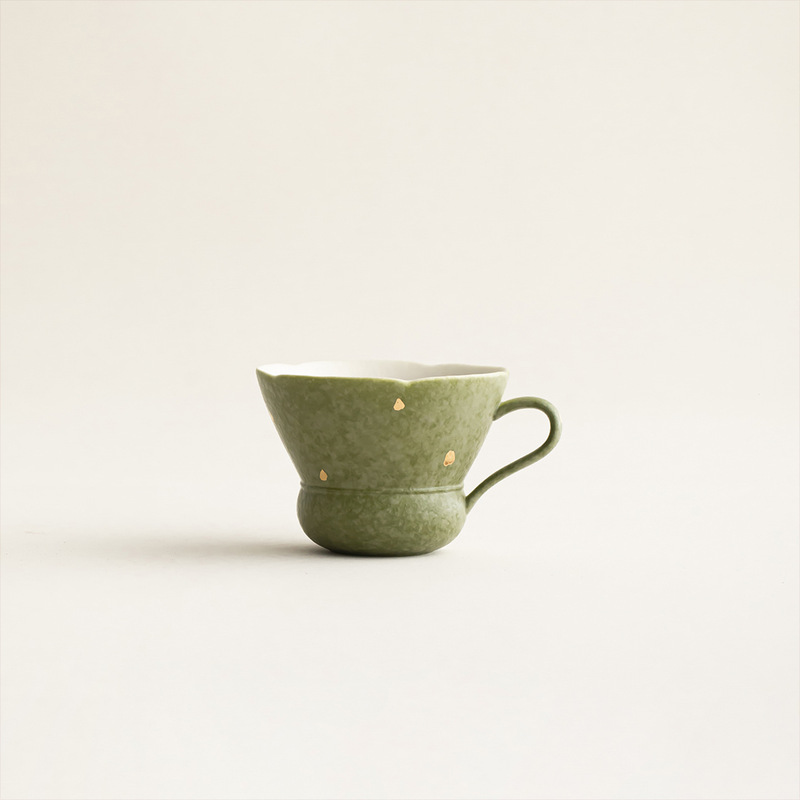 New Chinese-Style Ceramic Small Green Tangerine Green Sprinkled Gold Flower Mouth Tea Cup Master Cup Female Traditional Chinese Color Hand-Painted Handle Cup