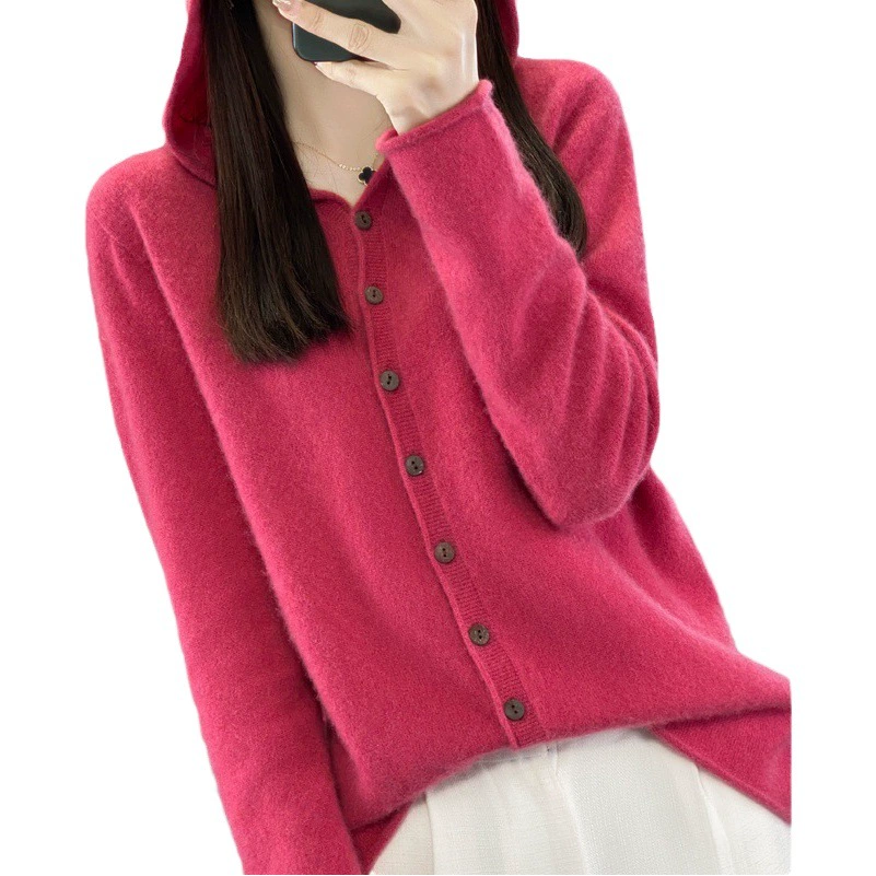 Австралийский меринос 100 Чистая шерсть Трикотаж Женская готовая бесшовная кардиган с капюшоном Кашемировый свитер Куртка