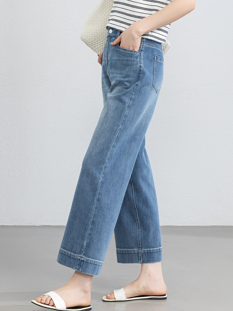 Quần tây nữ ống đứng cạp cao co giãn vải Lyocell denim dáng suông — xanh lam