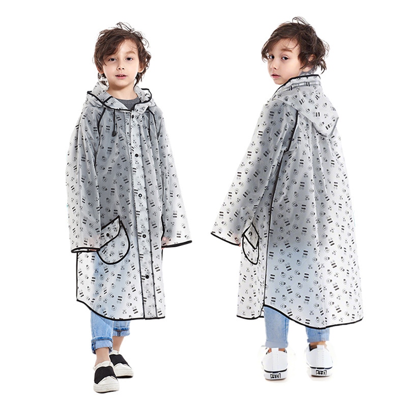 Children's Transparent Hemmed Raincoat Kids Dot Print Hooded Long Rain Coat Outdoor Fashion Waterproof Jacket Pockets