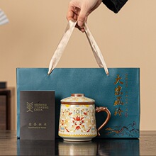 复古唐宋火莲米黄汝窑龙柄办公杯送礼佳品家用办公茶具茶杯