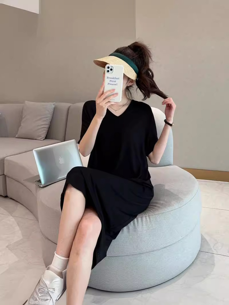 Short-Sleeved Dress for Women, New Summer Women's Outer Wear, Modal Bottoming, Over-The-Knee, Fashionable Long Skirt, Spring