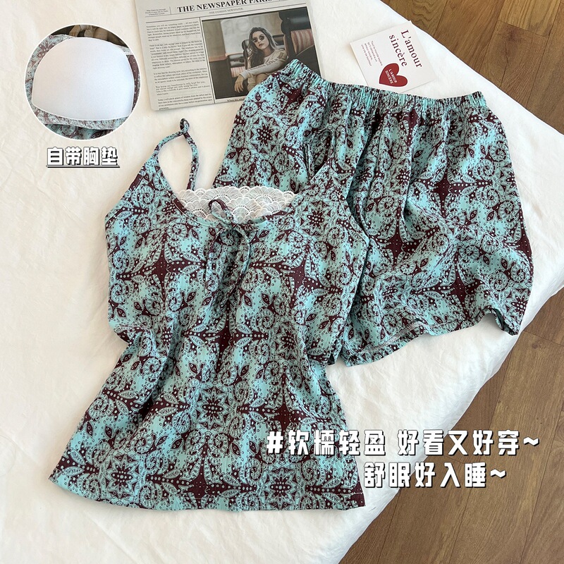 Vacation Style Vest Pajamas Women's Summer New Cloud Cotton with Chest Pad Suspender Shorts Home Clothes Cross-Border Foreign Trade