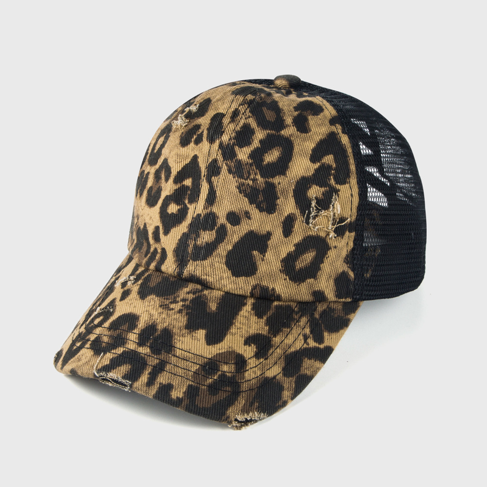 Broken Hole Baseball Cap Frayed Edge Distressed Leopard Print Sunscreen Cap display picture 6