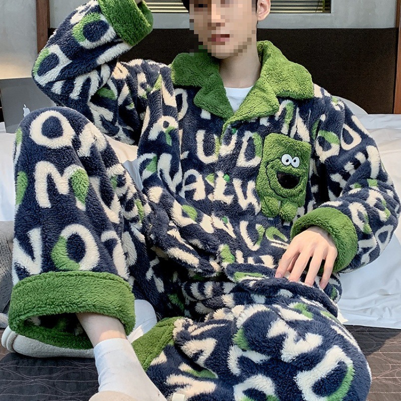 Autumn and Winter Coral Velvet Pajamas for Men Thickeneded Velvet Flannel Warm Lapel Large Size Youth Home Wear Set