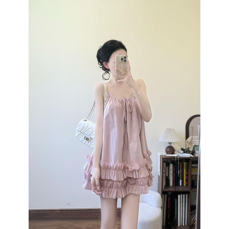 Foreign Trade Cross-Border Plain French-Style Spaghetti Strap Dress for Women, New Summer Style with Ruffled Edges, Loose Fit, Waist-Cinching Short Dress