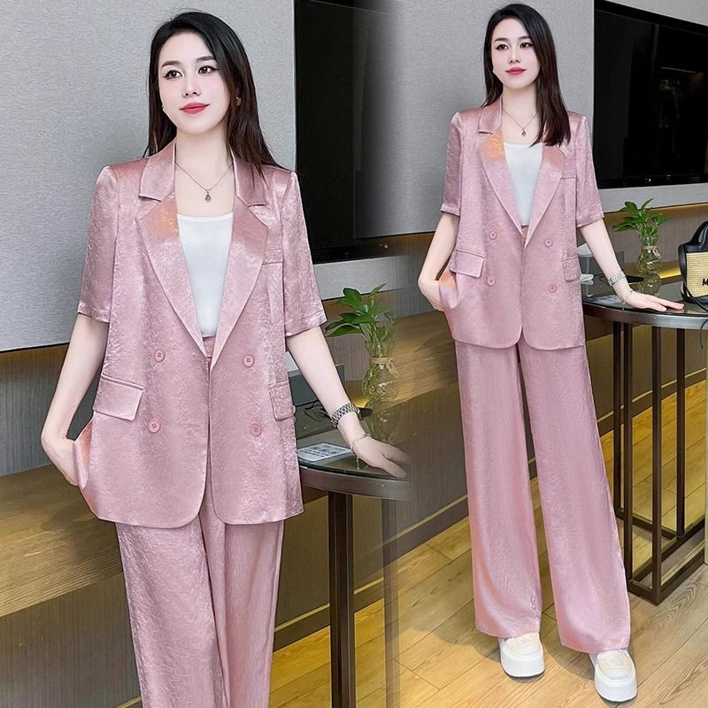 Fashion Ice Silk Suit suit Women's 2025 New Elegant Slim Mid-Sleeve Double-breasted Suit Casual Pants Two-piece Set