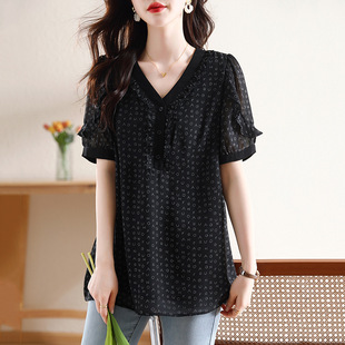 2025 New Summer Clothing Plus Size Women's Fat mm Printed Elegant Short-Sleeved Shirt Covering Belly and Slimming Look Plus Fat Top