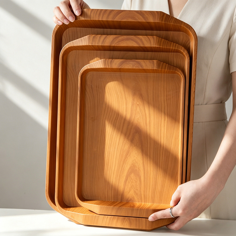 Imitation wood grain tray, household plastic dinner plate, commercial rectangular barbecue plate, hotel-specific thickened tea tray and dish tray Imitation wood grain tray, household plastic dinner plate, commercial rectangular barbecue plate, hotel-specific thickened tea tray and dish tray