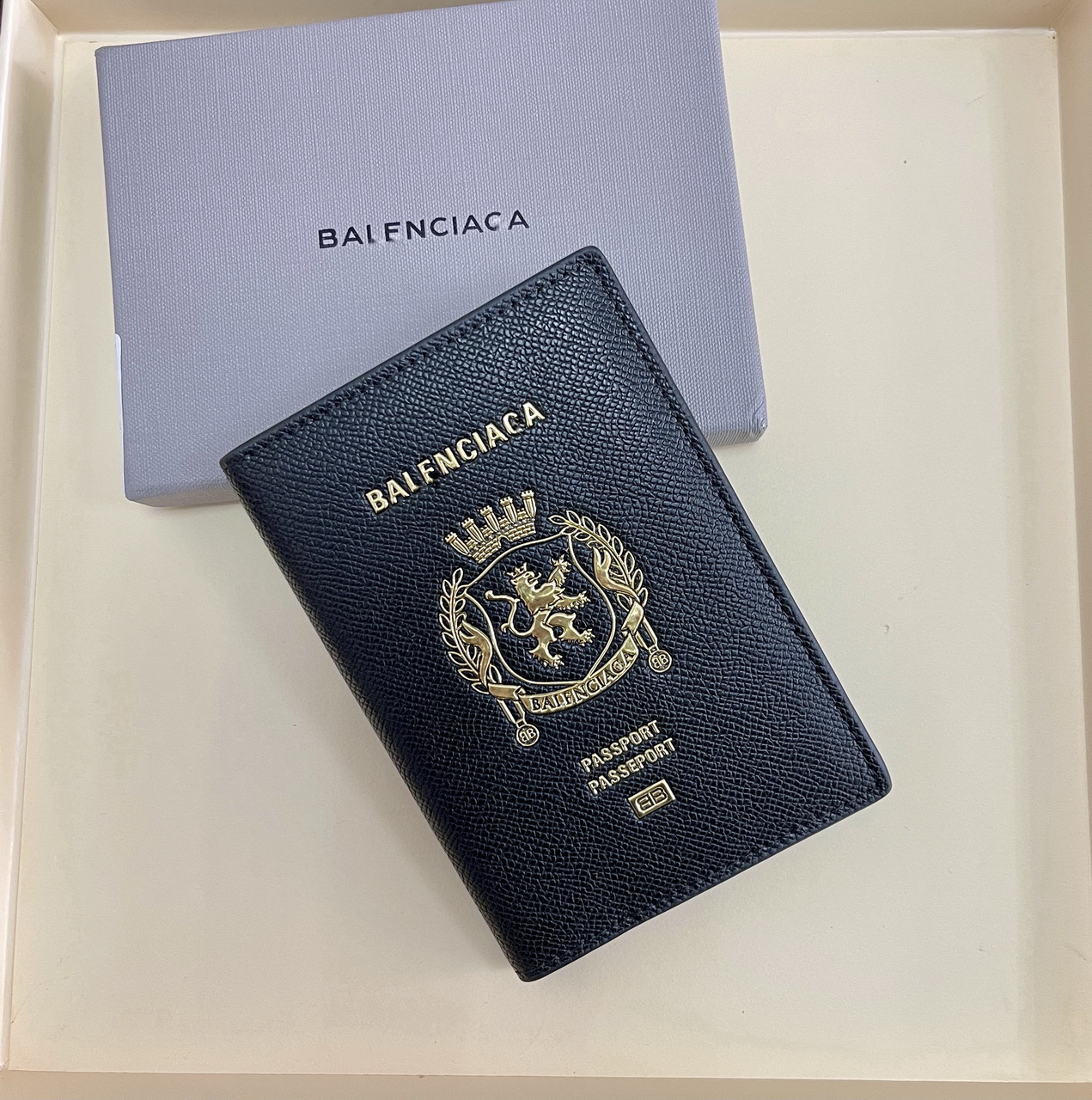 Balenciaga Lion Crest Passport Holder Grained Leather Black