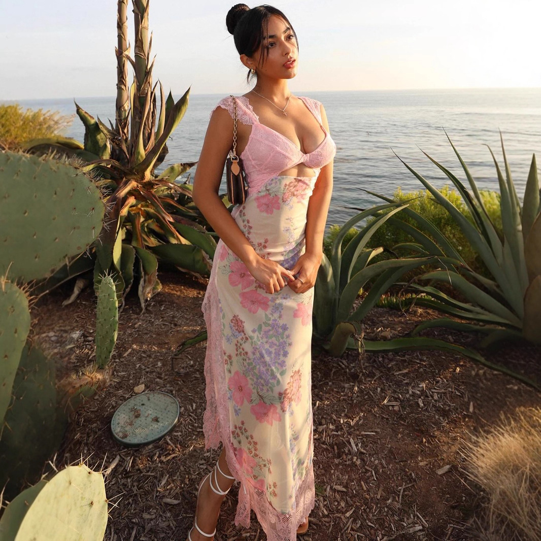 French- Sexy Lace Patchwork Printed Slim-fit Long Dress With Irregular Slit And Hollow-out Design, Summer Vacation_voghion.com