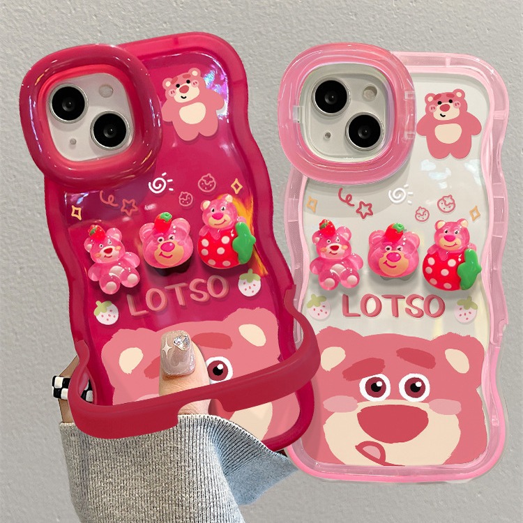 適用14蘋果手機殼iPhone13草莓熊公仔12波浪邊隱形雙支架可愛透明