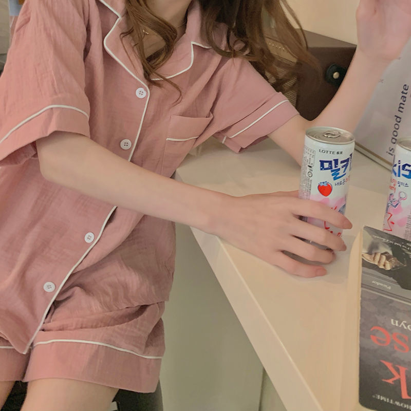 夏の新型insパジャマ女性の甘いシンプルなネット赤半袖半ズボンのゆるい薄いタイプのカジュアルな家庭服セット|undefined