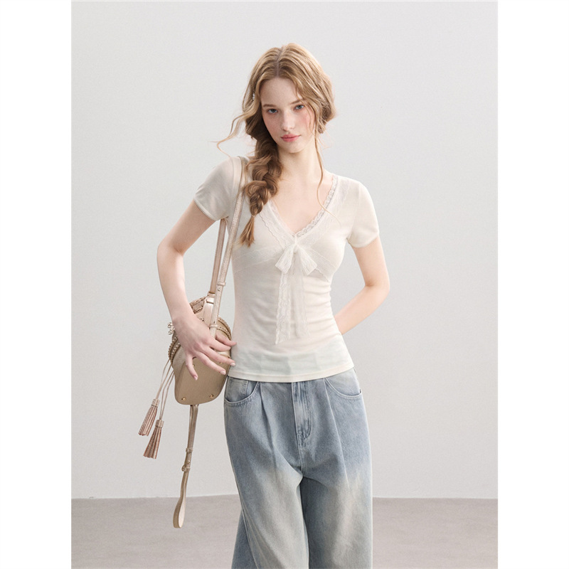 High-Elastic Snowflake Cotton White V-Neck Lace Trim Tie-Front Short-Sleeve T-Shirt for Women, Summer Slim-Fit Cropped Top High-Elastic Snowflake Cotton White V-Neck Lace Trim Tie-Front Short-Sleeve T-Shirt for Women, Summer Slim-Fit Cropped Top