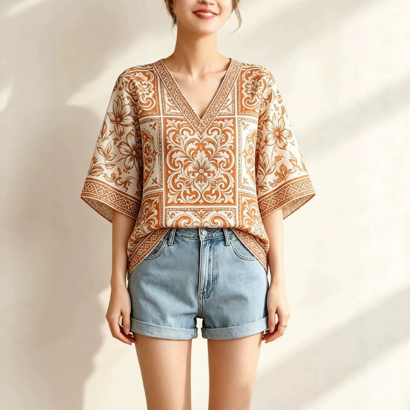 Ethnic Indonesian Batik Pattern 3D Printed Summer Casual V-Neck T-Shirt for Women Ethnic Indonesian Batik Pattern 3D Printed Summer Casual V-Neck T-Shirt for Women