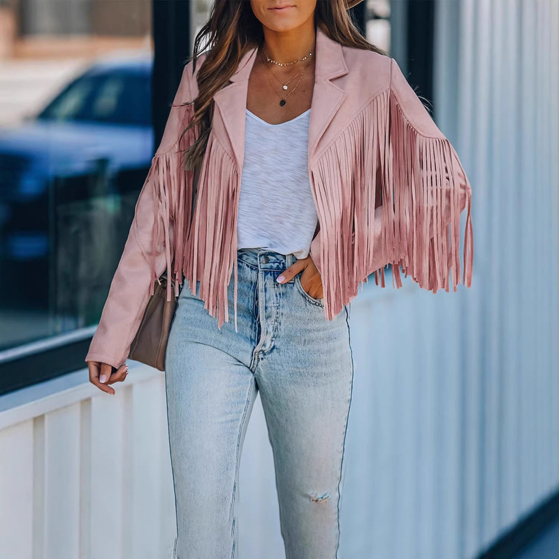 2025 New Autumn and Winter Personalized Trendyy Lapel Jackets for Women European and American Fashion Tassel Short Long-Sleeved Jackets for Women
