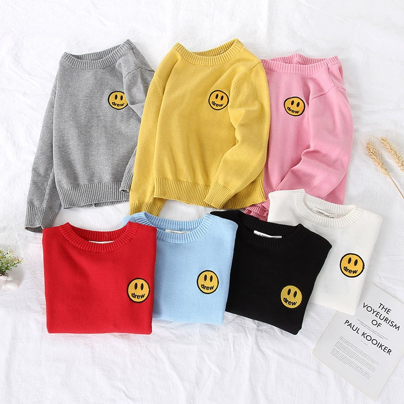 2022 новый Детский свитер мужской однотонный Вязаный топ детский пуловер с вышивкой смайлик для девочек стильная Базовая рубашка