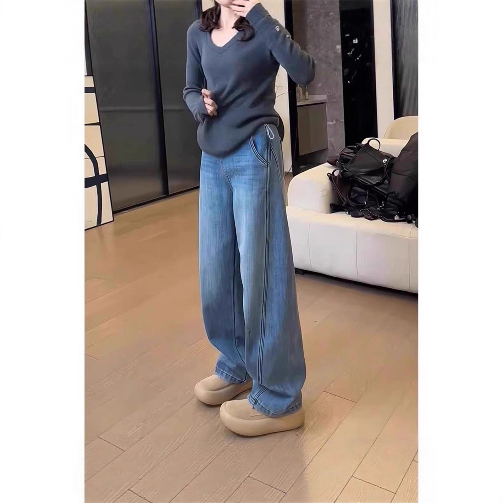 Maternity Pants for Autumn 2026, New Style Pregnancy Jeans with Pig Nose Buckle, Fall Season Non-Tightening Wide-Leg Pants