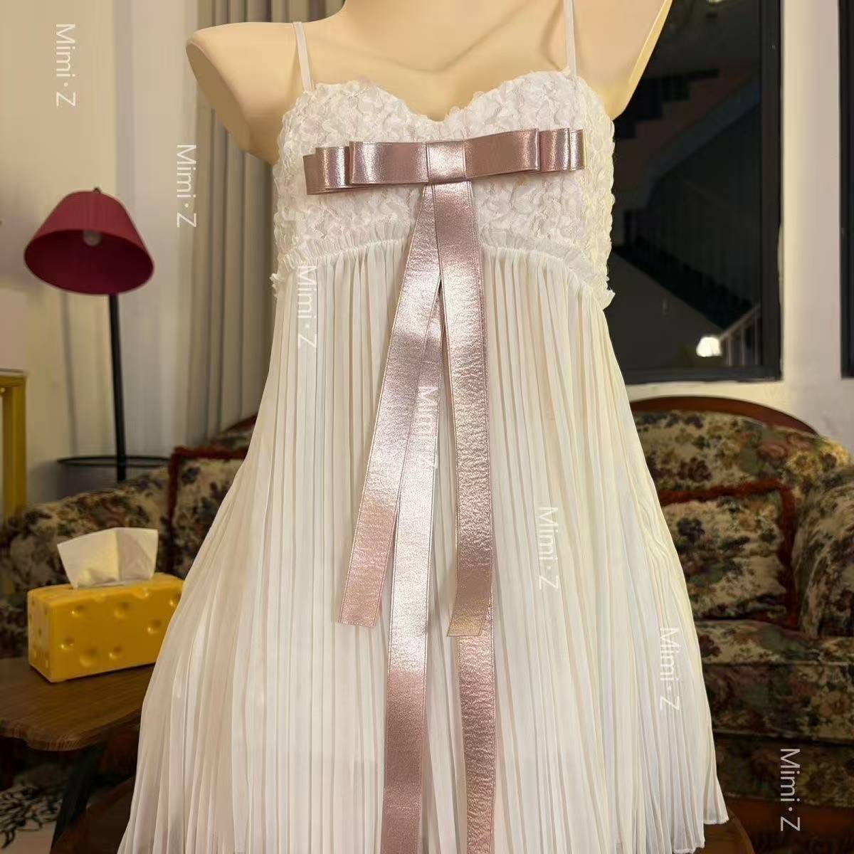 Deep V-Neck Lace Camisole Nightgown with Built-in Bra, Pink Bow Detail — detail image 1