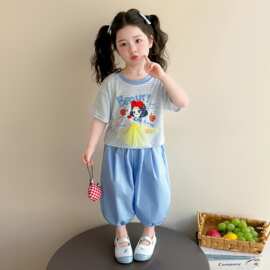 夏装休闲套装2026新款女宝宝蝴蝶结露肩短袖卫衣薄款束脚裤两件潮