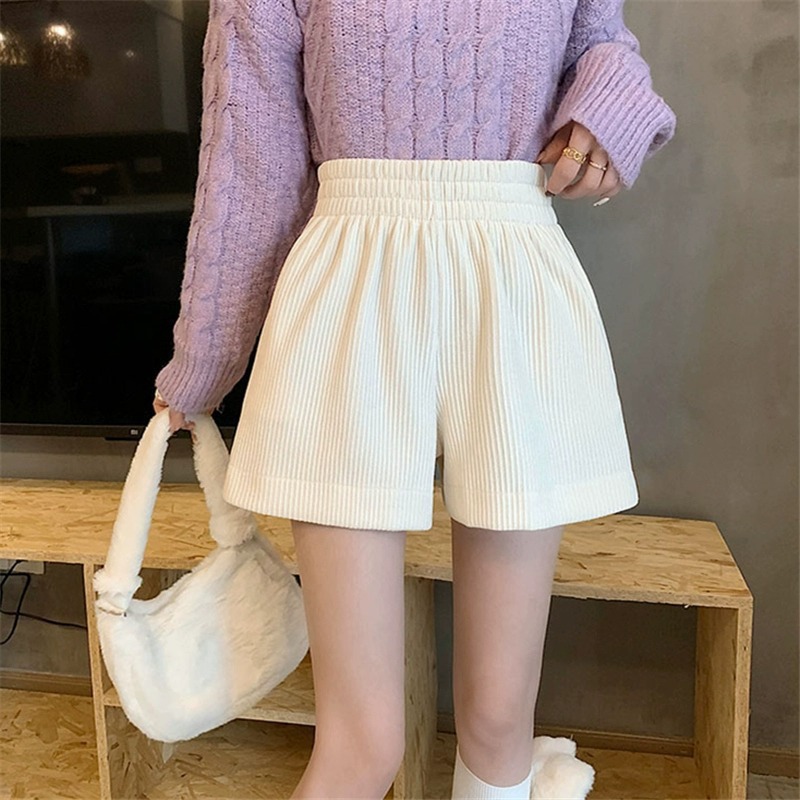 2026秋冬大码胖mm松紧腰短裤女高腰灯芯绒显瘦阔脚裤黑色休闲靴裤