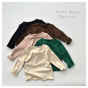 Girls' artistic Top Spring and Autumn new children's solid color outer wear long-sleeved T-shirt women's baby wooden ear undershirt