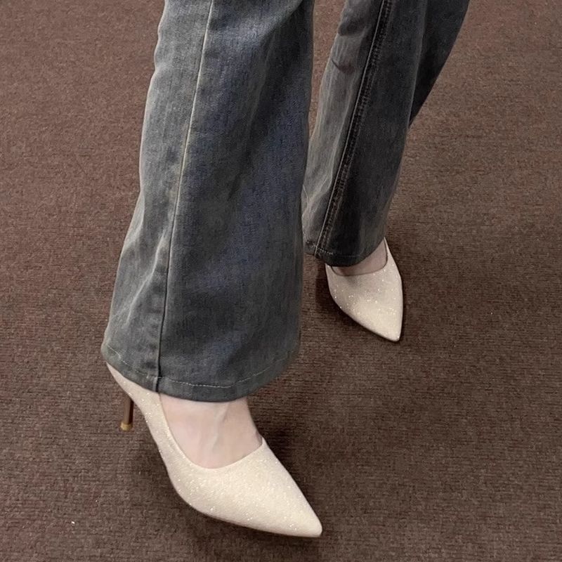 Nude-Colored High Heels to Pair with Jeans, New Style with a Niche Aesthetic, Hanfu-Style Thin Heels to Match Dresses, Women's Apricot-Colored Party Shoes