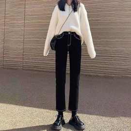 外贸工厂高腰黑色牛仔裤女显瘦直筒烟管裤秋冬小个子靴裤胖MM裤子