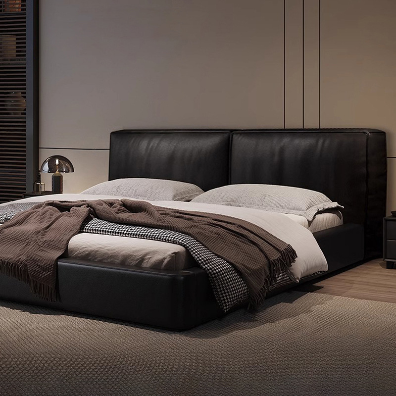 Italiano minimalista cama de cuero real dormitorio principal tatami moderno minimalista luz lujo elegante tofu bloque cama doble Negro