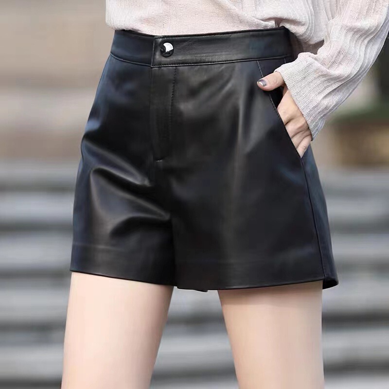 Genuine Leather Shorts Large Size Sheepskin Wide Leg Pants Spring and Autumn New Hip Slimming Leather Pants Women's Outer Wearing Short Leather Pants