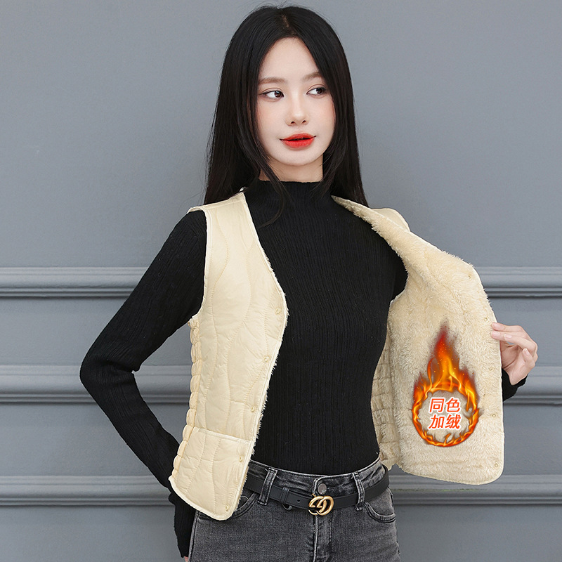 새로운 다운 코튼 조끼 여성용 따뜻한 기모 조끼 내부 및 외부 착용 조끼 두꺼운 양고기 양털 슬림 핏 허리 코트