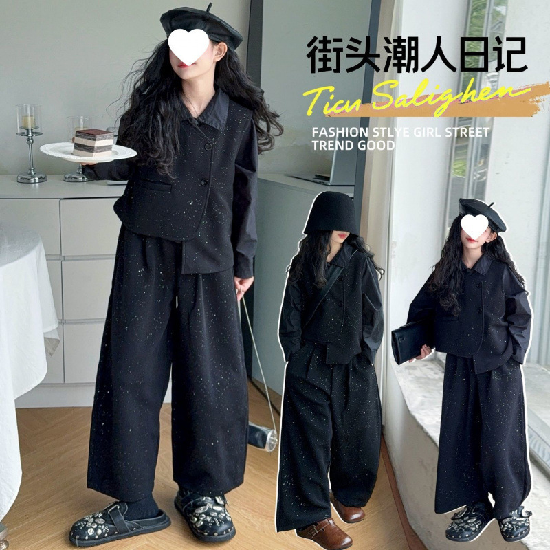 女童春秋套装2025三件套新款马甲儿童西装时髦阔腿裤女童香风洋气|undefined