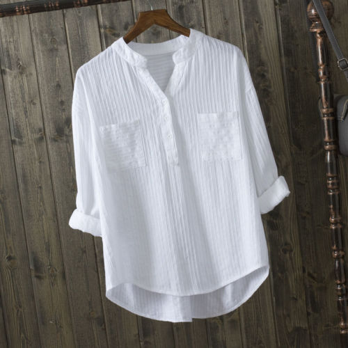 Women's Long-Sleeve Pure Cotton White Shirt with Loose Casual Design V-Neck Blouse for Outerwear