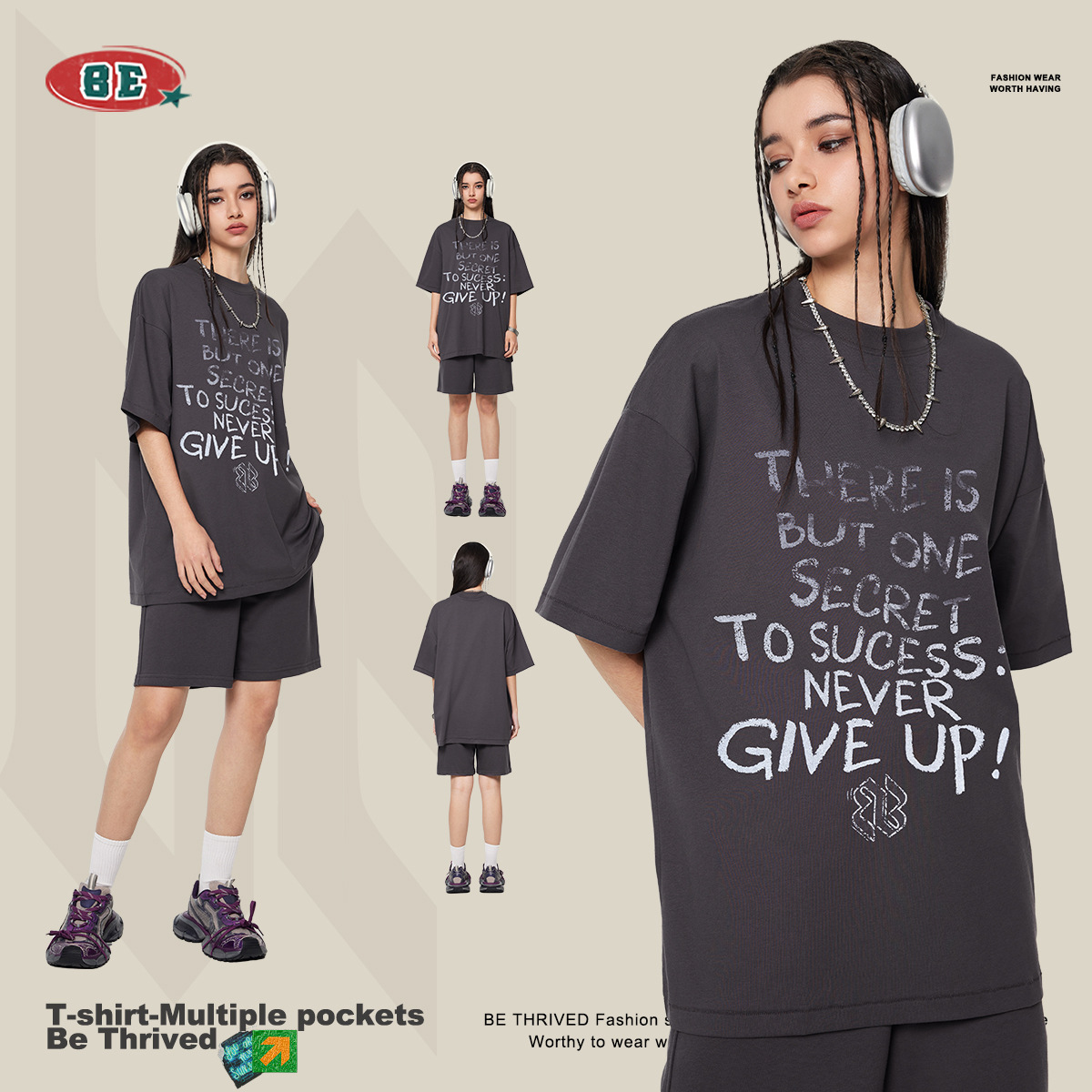 BE ropa de hombre | 2025 primavera y verano marca de moda europea y americana joven de alta calidad letra hip-hop degradada camiseta de manga corta verano masculino