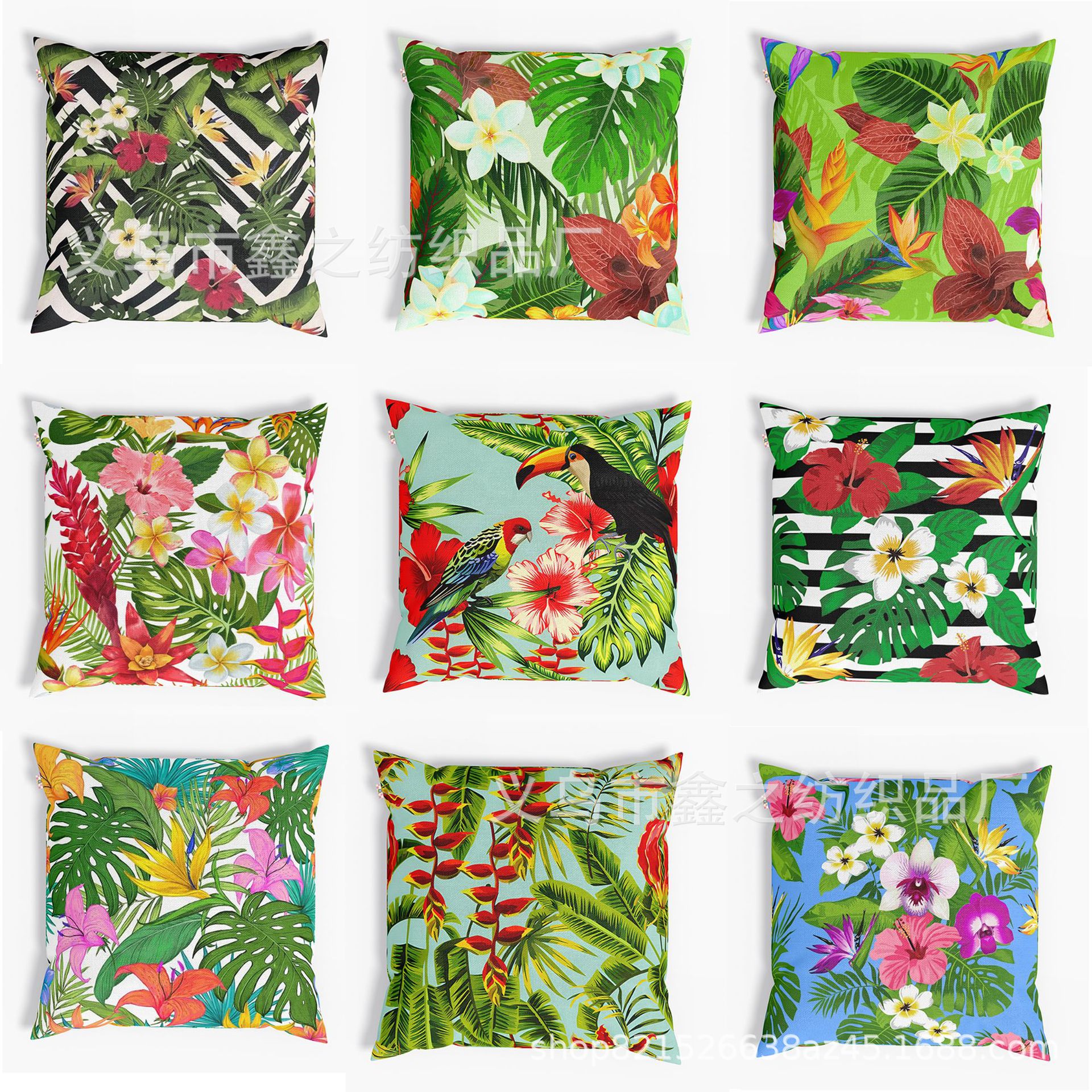 2022亚马逊新款热带树叶雨林叶子鸟抱枕套 跨境来图定制亚麻抱枕