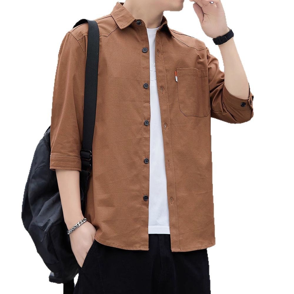 Cotton Spring and Summer Main Push 2025 New Shirt Men's Hong Kong Style Japanese Korean Style Fashionable Cotton Seven-Sleeve Shirt