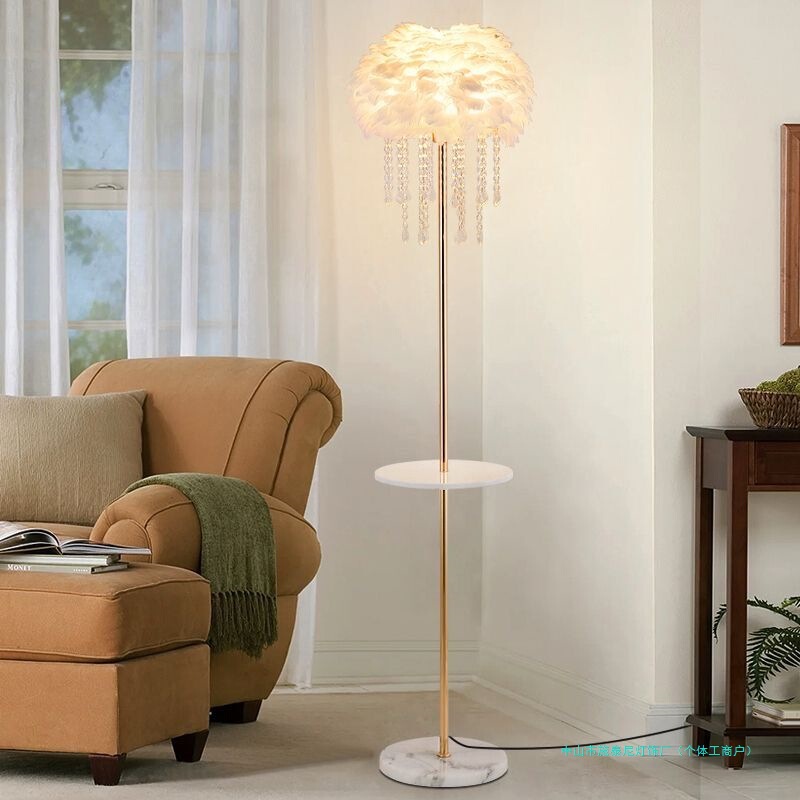 Feather Floor Lamp with Crystal Storage Coffee Table for Living Room, Bedroom, Bedside, or Next to Sofa, in a Light Luxury Nordic Cream Style Feather Floor Lamp with Crystal Storage Coffee Table for Living Room, Bedroom, Bedside, or Next to Sofa, in a Light Luxury Nordic Cream Style