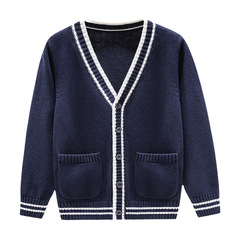 兒童針織開衫 2023春秋款 男女童毛衣外套英倫帶口袋校服外套批發