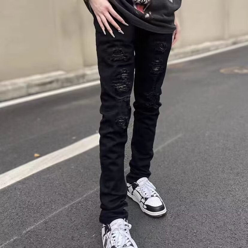 New Casual High Street Ripped Jeans Unisex Rhinestone Slim Straight Pants Spring Autumn Mid-Waist Regular_mkmklike.com