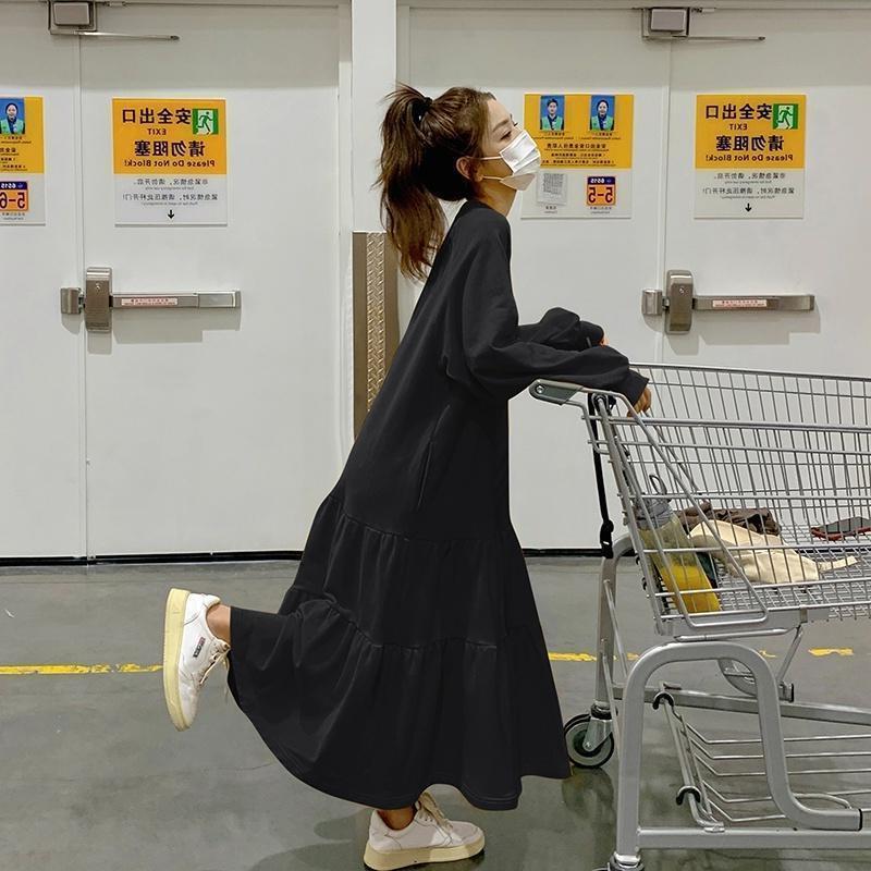 Chubby Girl fleece-lined long-sleeved sweater dress spring, autumn and winter plus size loose dress drape ruffled a-line women