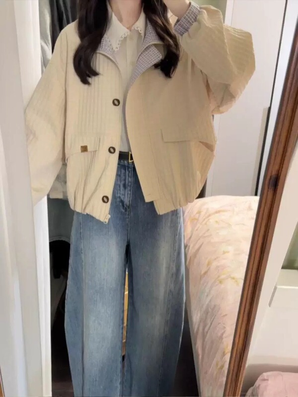 早秋日系短款夹克外套女款秋2025新款小个子休闲立领格纹撞色上衣|undefined