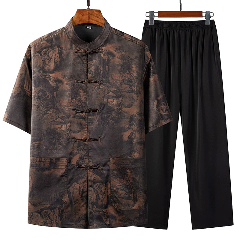 Костюм Тан, короткий рукав, для мужчин среднего и пожилого возраста, папа, 2025, новый китайский стиль, летняя китайская рубашка, оптом