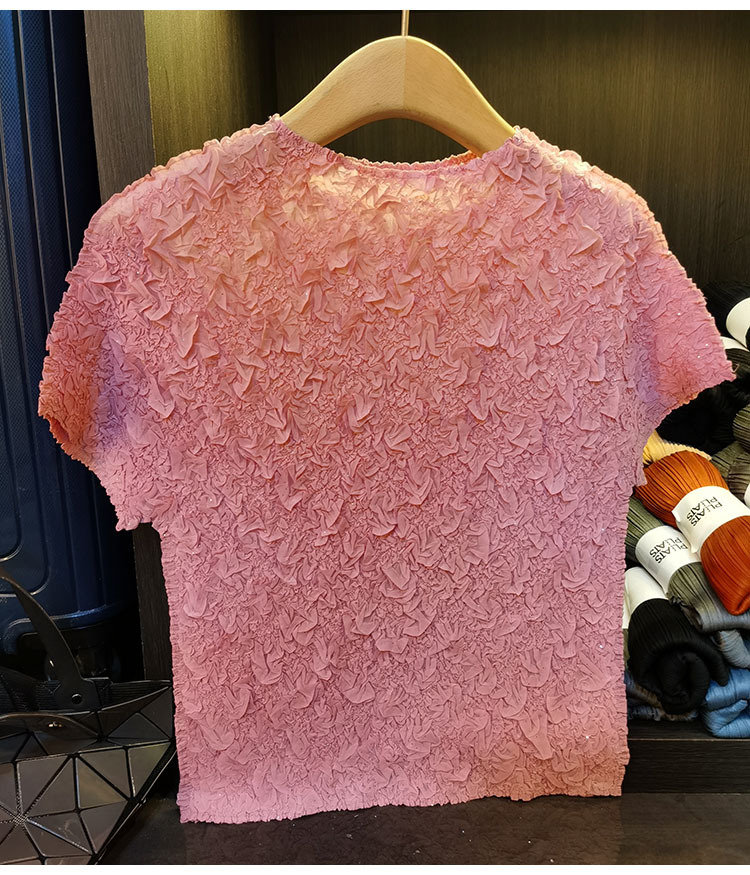 Áo thun ngắn tay nữ cổ tròn xếp li dập nổi kim cương, chất liệu cotton phối polyester, form suông thoải mái, phù hợp đi làm và dạo phố mùa hè — Màu hồng, Màu xanh lá, Màu mơ chi tiết 19