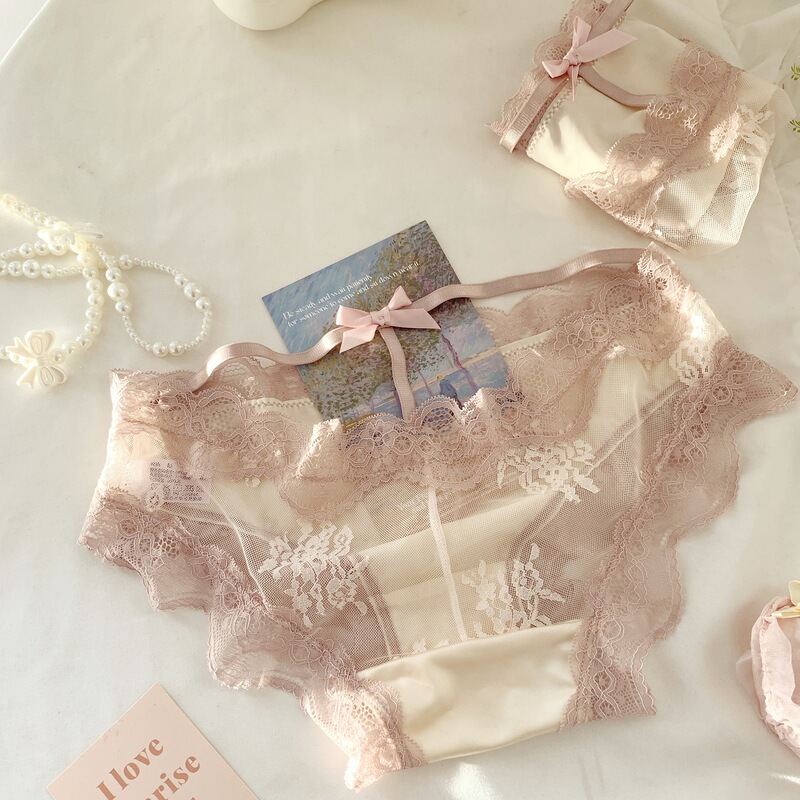 French Sexy Satin Lace Panties Women's Pure Hollow-out Girls Briefs 2024 Autumn and Winter New