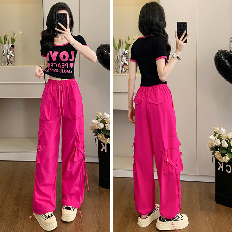 Sports suit Women's 2025 Summer New Contrast Color T-shirt with Rose Red Closing Pants Two-piece Fashionable Slim Look